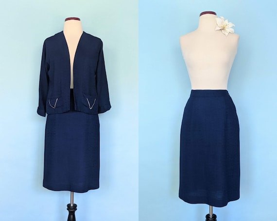 Vintage 1940s Navy Skirt Suit, 40s Linen Pencil S… - image 1