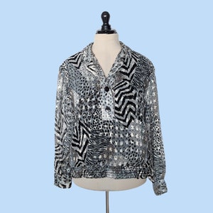 Vintage 80s Animal Print Blouse, 1980s Black and Gray Silky Long Sleeve Top