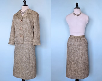Tailleur jupe en lin texturé vintage des années 60, ensemble veste et jupe deux pièces des années 60
