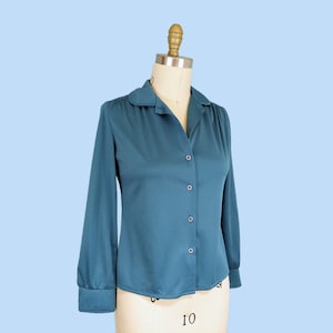 Vintage 1970s Teal Blue Button Down Shirt, Vintage 70s Long Sleeve Collared Blouse image 1