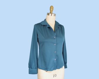 Vintage 1970s Blau Petrol Blau Button Down Hemd, Vintage 70s Langarm Bluse mit Kragen