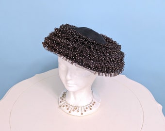 Vintage 1950s Elegant Polka Dot Tilt Hat, Vintage 50s Brown and Black Chiffon Flat Hat