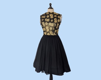 Vintage 1960s Black and Gold Party Dress, Vintage 60s Full Skirt Party Cocktail Dress