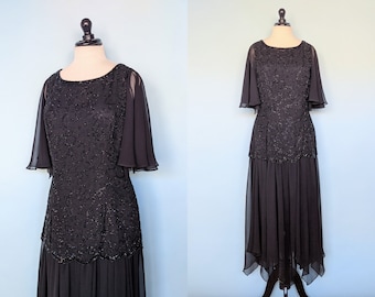 Vintage 80s Oleg Cassini Black Beaded Chiffon Evening Gown