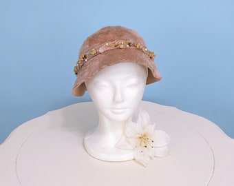 Vintage 1960s Pink Cloche Hat, Vintage 60s Beaded Mod Fur Hat