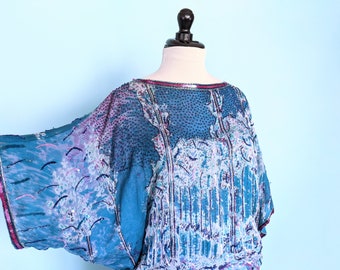 Vintage 90s Beaded Blue Evening Skirt Set, 1990s Silk Kimono Sleeve Blouse and Skirt Set, Vintage 90s Evening Dress Set