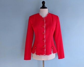 Vintage 1980s Red Button Down Tailored Jacket, Vintage 80s Fitted Cardigan Blazer