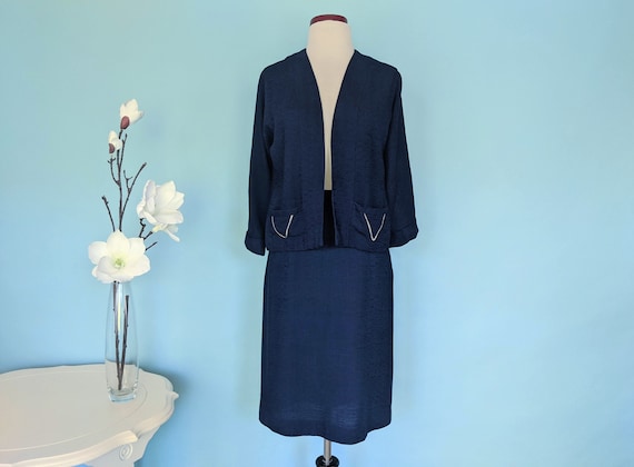 Vintage 1940s Navy Skirt Suit, 40s Linen Pencil S… - image 2