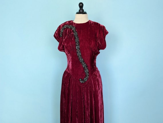 Vintage 30s Burgundy Velvet Full Length Evening G… - image 5