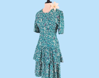 Vintage 80s Tiered Floral Teal Dress, Vintage 1980s Sundress