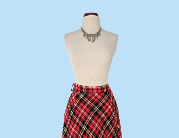 Vintage 70s Red Plaid Boho Maxi Skirt, 1970s Bias… - image 3