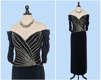 Vintage 90s Bob Mackie Evening Gown, 1990s Elegant Off-the-Shoulder Black Beaded Formal Gown