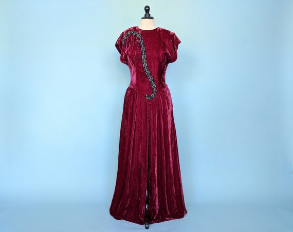 Vintage 30s Burgundy Velvet Full Length Evening G… - image 2