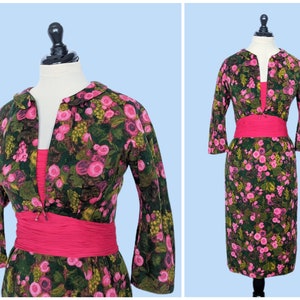 Vintage 1950s Floral Cocktail Wiggle Dress, Vintage 50s Pink and Green Fitted Evening Gown