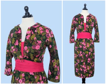 Vintage 1950s Floral Cocktail Wiggle Dress, Vintage 50s Pink and Green Fitted Evening Gown