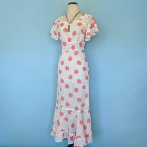 Vintage 1930s Flutter Sleeve Floral Day Dress, Vintage 30s Art Deco Romantic Cotton Sundress, 1930s Pink and White Gown image 7