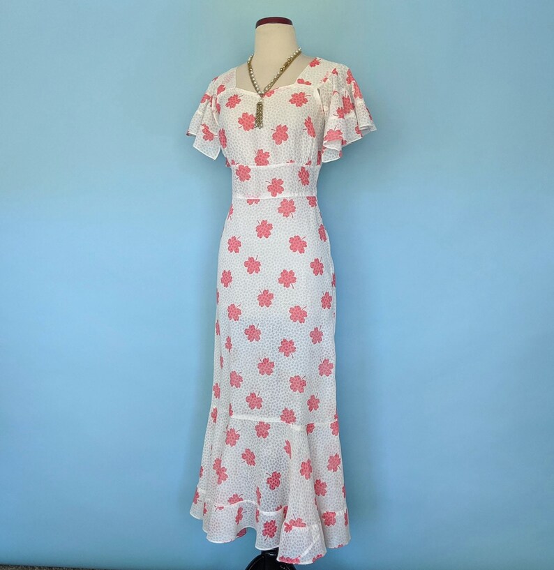 Vintage 1930s Flutter Sleeve Floral Day Dress, Vintage 30s Art Deco Romantic Cotton Sundress, 1930s Pink and White Gown image 7