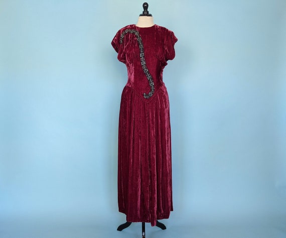 Vintage 30s Burgundy Velvet Full Length Evening G… - image 8