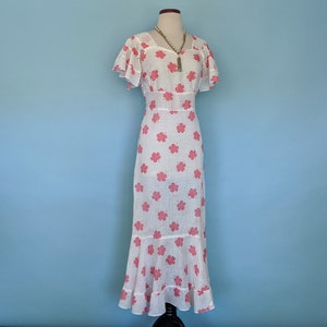 Vintage 1930s Flutter Sleeve Floral Day Dress, Vintage 30s Art Deco Romantic Cotton Sundress, 1930s Pink and White Gown image 8