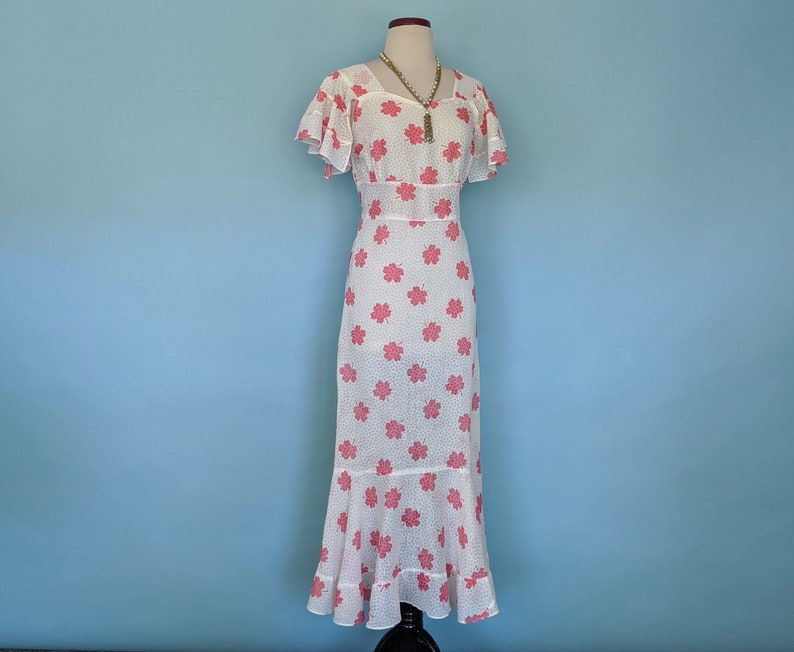 Vintage 1930s Flutter Sleeve Floral Day Dress, Vintage 30s Art Deco Romantic Cotton Sundress, 1930s Pink and White Gown image 8