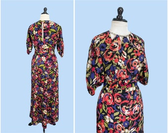 Vintage 1930s Floral Print Silk Evening Gown, Vintage 30 Elegant Party Dress