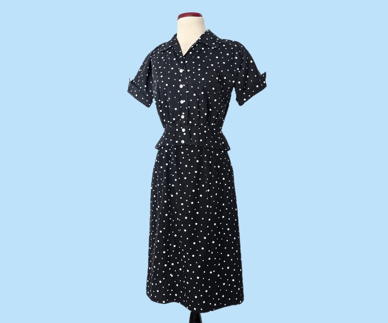 Vintage 1950s Black Polka Dot Day Dress Set, Vintage 50s Wiggle Dress with Cropped Jacket image 6
