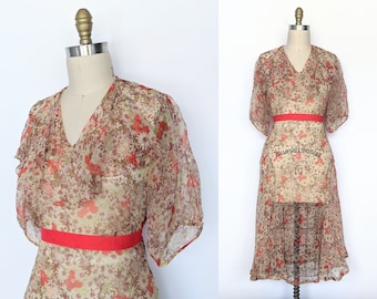 Vintage 1930s Floral Chiffon Day Dress, Vintage 30s Silk Tea Length Gown