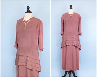 Vintage 1940s Mauve Rayon Crepe Dress, Vintage 40s Medium/Large Pleated Peplum Skirt Gown
