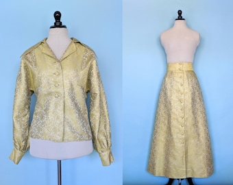 Vintage 60s Gold Brocade Skirt Set, 1960s Floor Length Skirt and Jacket Set