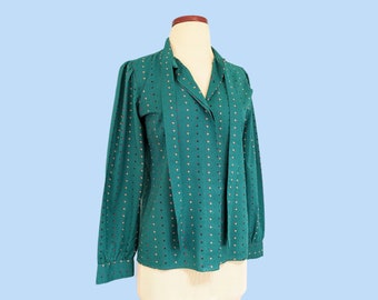 Vintage 80s Teal Geometric Print Silky Blouse, 1980s Colorful Long Sleeve Pussy Bow Tie Button Down Shirt