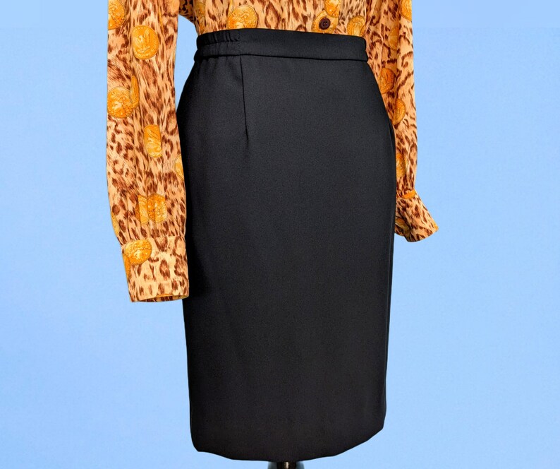 Vintage 80s Black Crepe Pencil Skirt, 1980s High Waist Fitted Skirt image 3