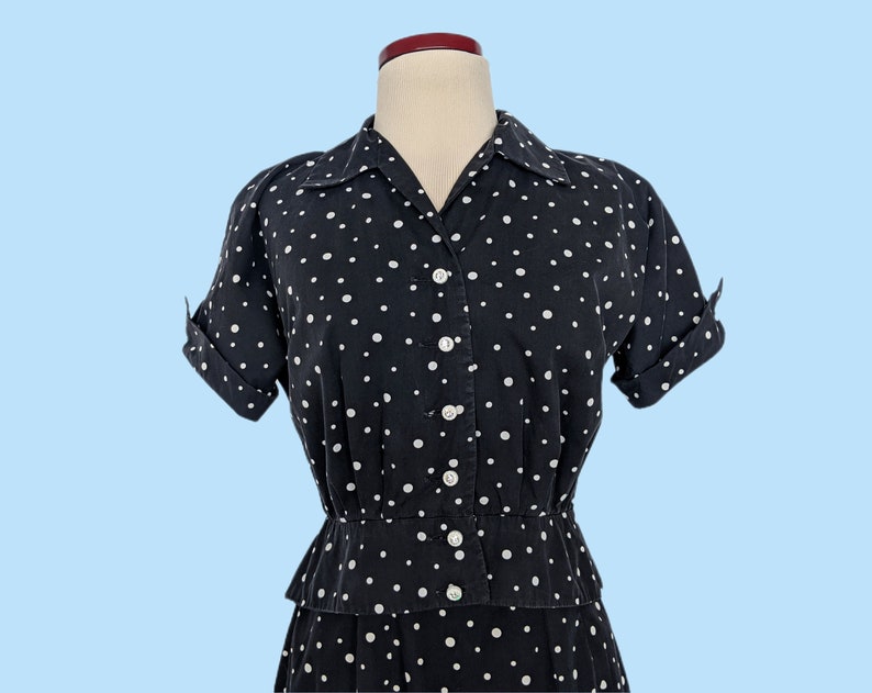 Vintage 1950s Black Polka Dot Day Dress Set, Vintage 50s Wiggle Dress with Cropped Jacket image 8