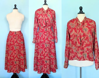 Vintage 90s Floral Paisley Skirt Two Piece Set, 1990s Red Chiffon Skirt and Blouse Set