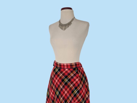 Vintage 70s Red Plaid Boho Maxi Skirt, 1970s Bias… - image 6