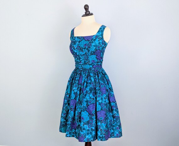 Vintage 50s Blue Floral Sundress, 1950s Full Skirt
