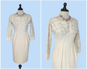 Vintage 1950s Elegant Embroidered Wiggle Dress, Vintage 50s Cream Wool Hourglass Day Dress