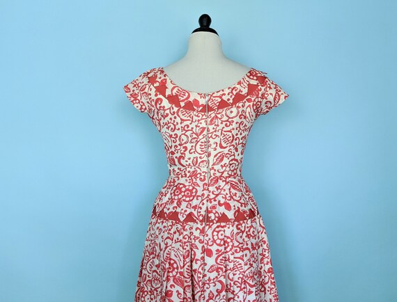 Vintage 1950s Red Floral Print Drop Waist Dress, … - image 9