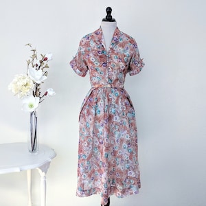 Vintage 1940s Floral Sundress, Vintage 40s Button Down Shirt Dress