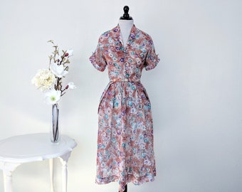 Vintage 1940s Floral Sundress, Vintage 40s Button Down Shirt Dress