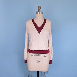 Vintage 60s Neiman Marcus Cream and Maroon V-Neck Blouse, Vintage 1960s Long Sleeve Mod Jersey Top