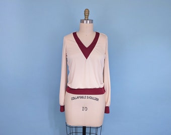 Vintage 60s Neiman Marcus Cream and Maroon V-Neck Blouse, Vintage 1960s Long Sleeve Mod Jersey Top