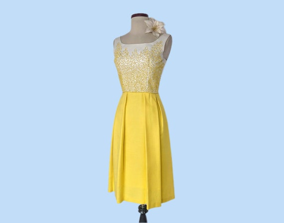 Vintage 60s Yellow and White Linen Day Dress, 196… - image 1