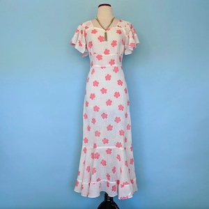 Vintage 1930s Flutter Sleeve Floral Day Dress, Vintage 30s Art Deco Romantic Cotton Sundress, 1930s Pink and White Gown