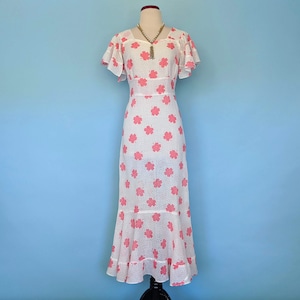 Vintage 1930s Flutter Sleeve Floral Day Dress, Vintage 30s Art Deco Romantic Cotton Sundress, 1930s Pink and White Gown image 1