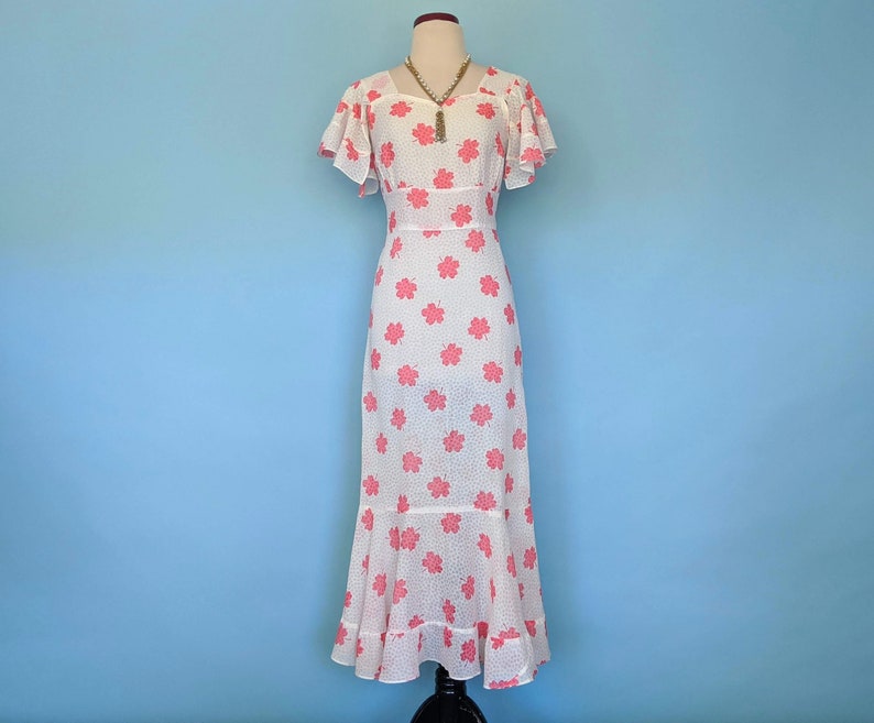Vintage 1930s Flutter Sleeve Floral Day Dress, Vintage 30s Art Deco Romantic Cotton Sundress, 1930s Pink and White Gown image 1