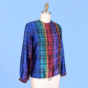 Vintage 80s Colorful Silky Long Sleeve Blouse, Vintage 1980s Abstract Geometric Print Loose Fit Top
