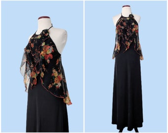 Vintage 70s Black Floral Maxi Dress, 1970s Boho Halter Top Full Length Jersey Dress