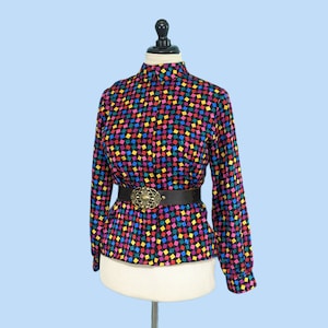 Blusa sedosa con estampado geométrico vintage de los años 80, camisa colorida de manga larga con botones de los años 80