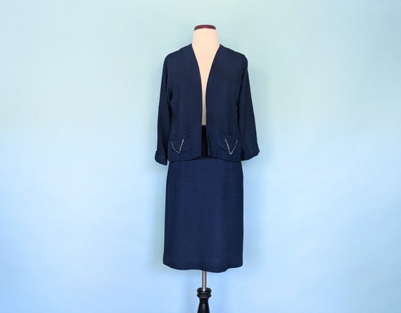 Vintage 1940s Navy Skirt Suit, 40s Linen Pencil S… - image 5