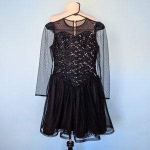 Vintage 80s Black Sequin and Lace Prom Dress, 1980s Long Sleeve Black Cocktail Mini Dress